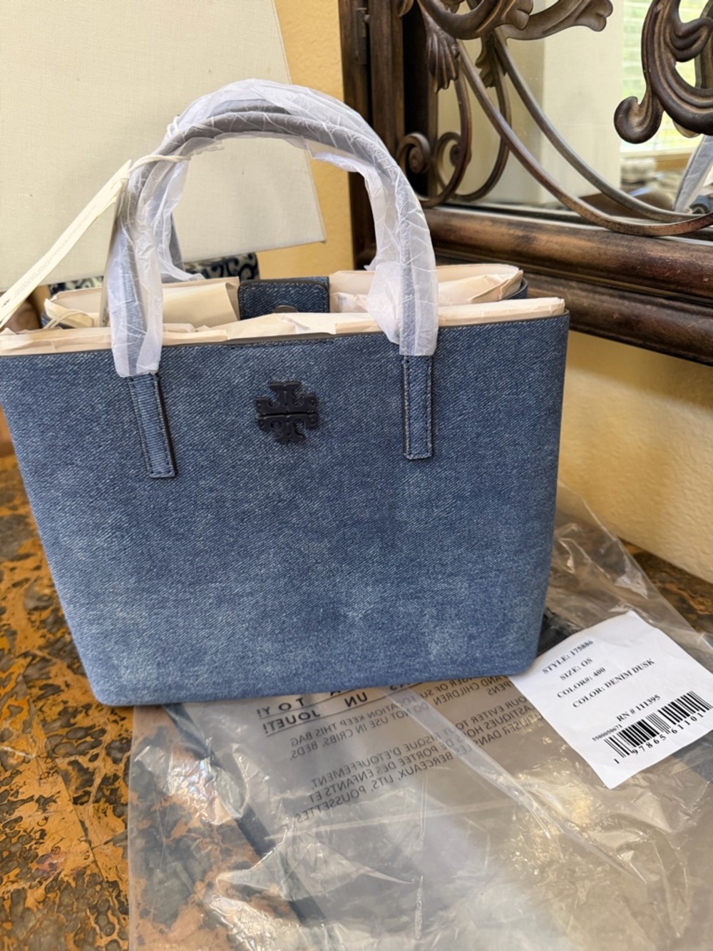 Tory Burch Denim-Style Small Tote in Suede Leather Washed Blue
